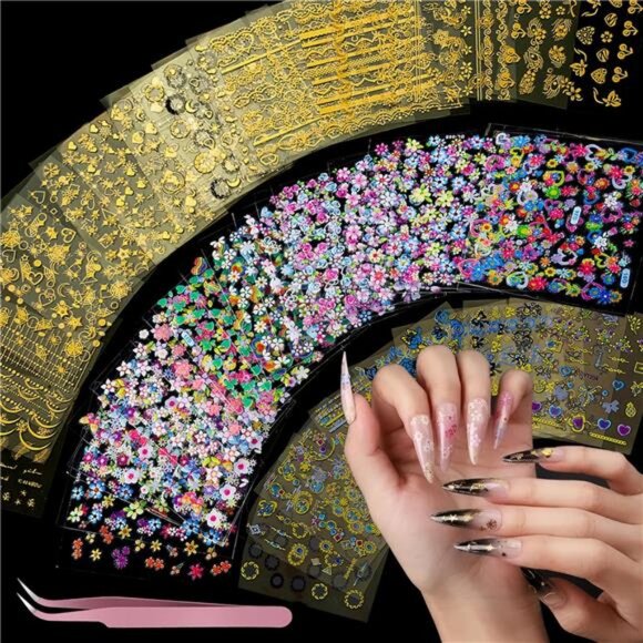 50 Sheets Nail Stickers for Nail Art, Flower Nail Art Stickers Gold - Picture 1 of 8